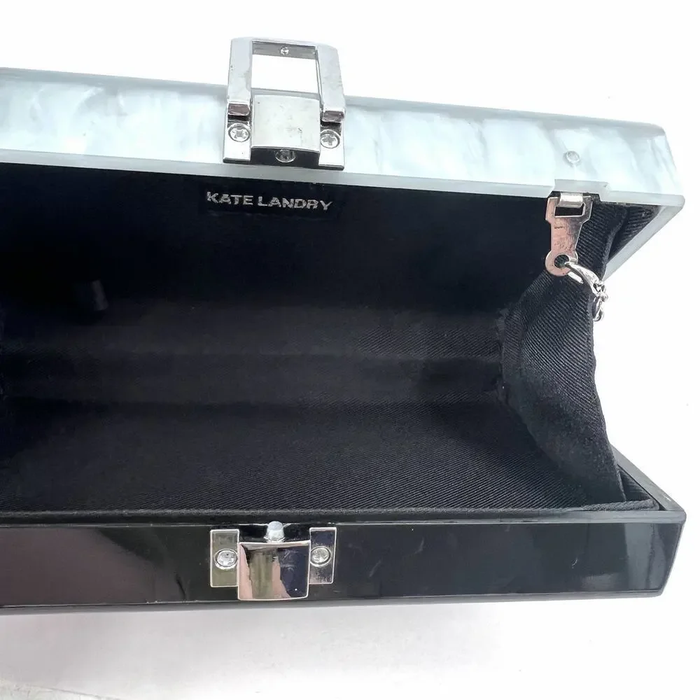 Kate Landry Silver & Black Pearly Lucite Box Clutch Cross Body Evening Handbag